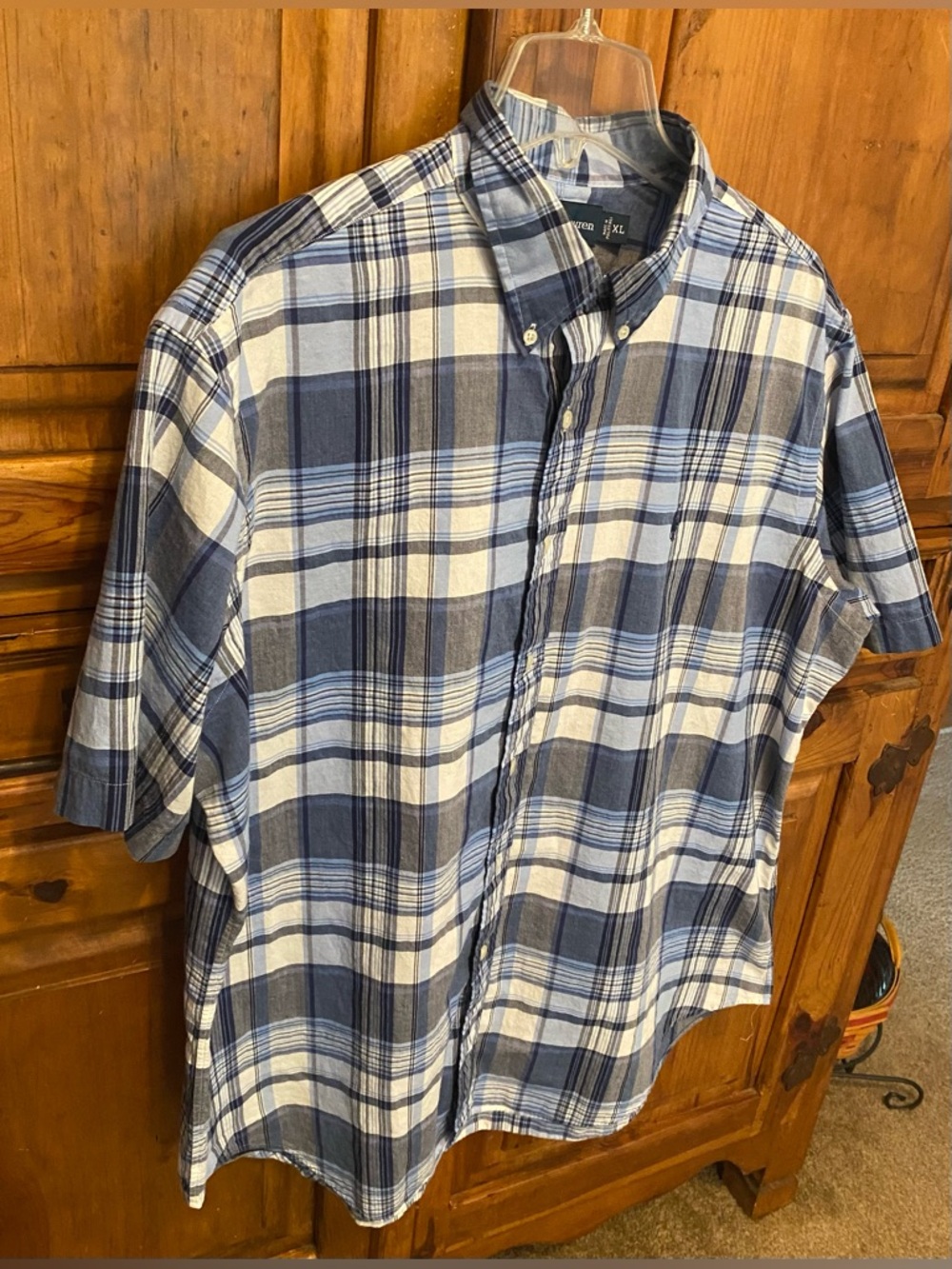 Ralph Lauren Classic Fit Plaid Short Sleeve Button Down Shirt Blue White